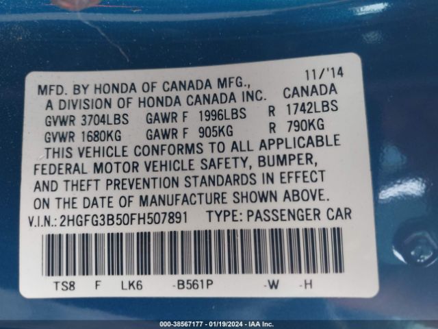 Photo 8 VIN: 2HGFG3B50FH507891 - HONDA CIVIC 