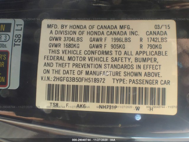 Photo 8 VIN: 2HGFG3B50FH518972 - HONDA CIVIC COUPE 