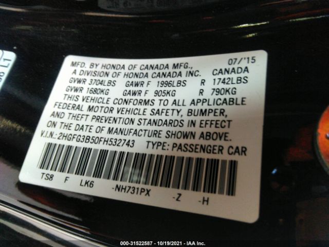 Photo 8 VIN: 2HGFG3B50FH532743 - HONDA CIVIC COUPE 