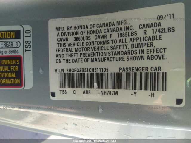 Photo 8 VIN: 2HGFG3B51CH511105 - HONDA CIVIC CPE 