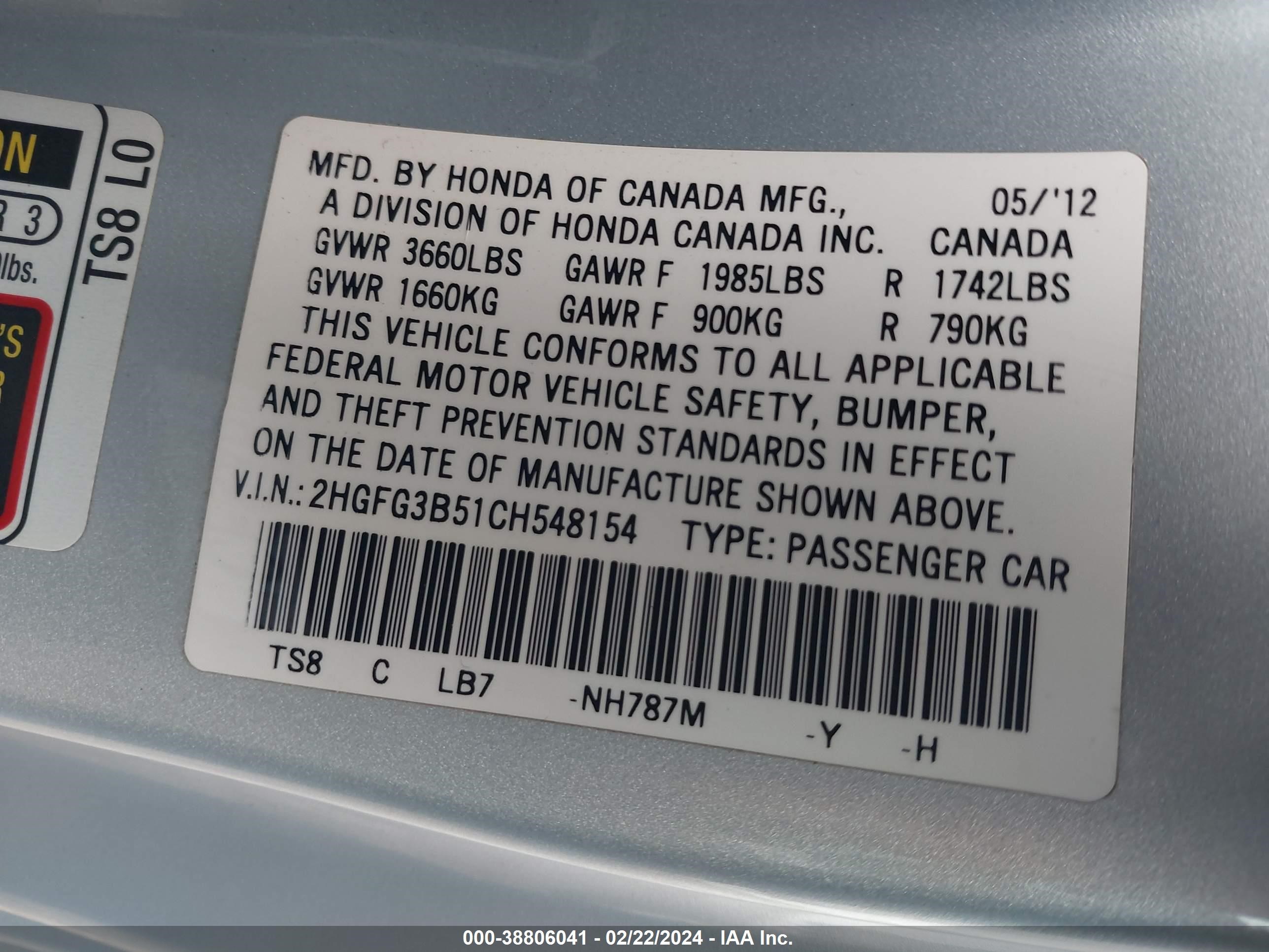 Photo 8 VIN: 2HGFG3B51CH548154 - HONDA CIVIC 