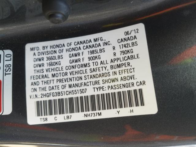 Photo 9 VIN: 2HGFG3B51CH551507 - HONDA CIVIC LX 