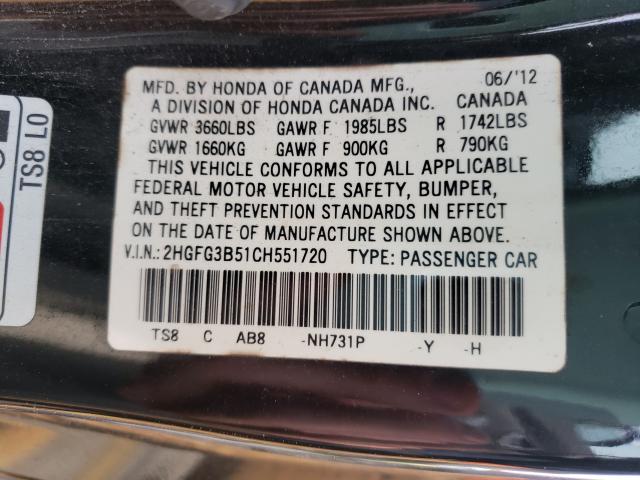 Photo 9 VIN: 2HGFG3B51CH551720 - HONDA CIVIC LX 