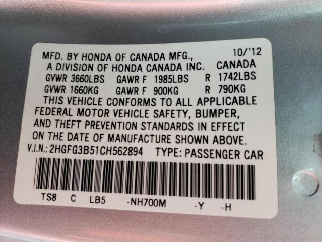 Photo 9 VIN: 2HGFG3B51CH562894 - HONDA CIVIC LX 