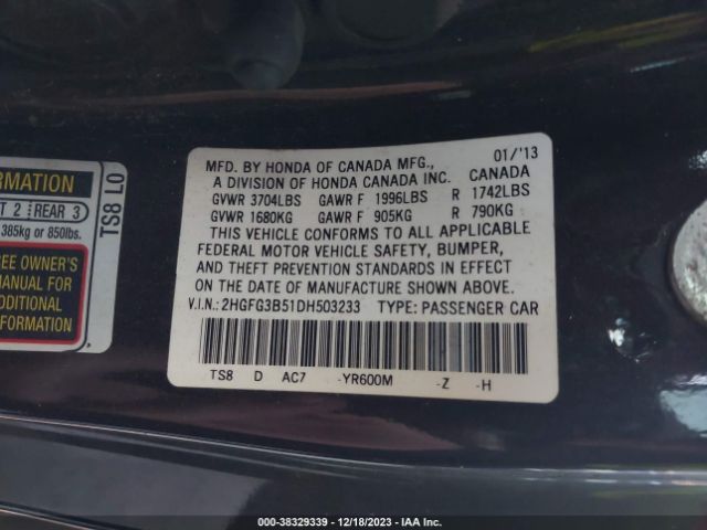 Photo 8 VIN: 2HGFG3B51DH503233 - HONDA CIVIC 