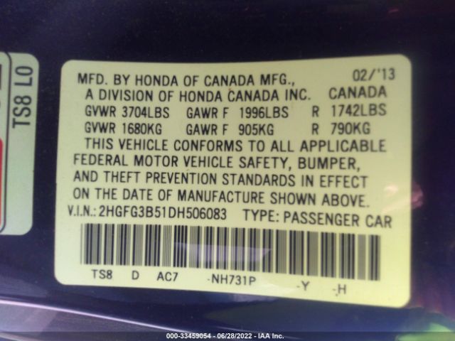 Photo 8 VIN: 2HGFG3B51DH506083 - HONDA CIVIC CPE 