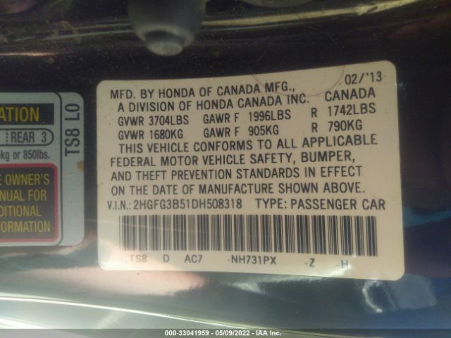 Photo 8 VIN: 2HGFG3B51DH508318 - HONDA CIVIC CPE 