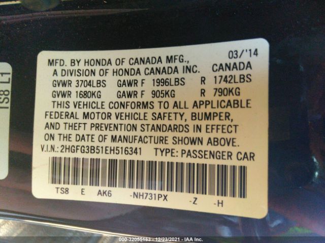 Photo 8 VIN: 2HGFG3B51EH516341 - HONDA CIVIC 