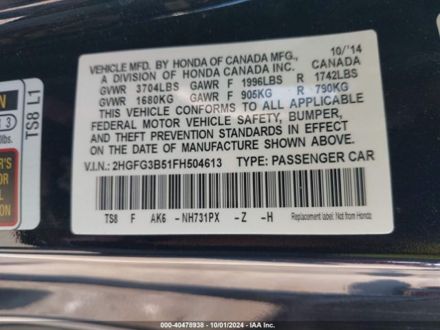 Photo 8 VIN: 2HGFG3B51FH504613 - HONDA CIVIC 