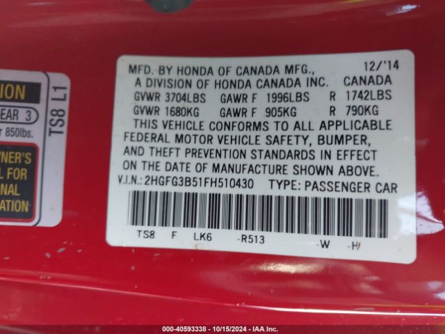 Photo 8 VIN: 2HGFG3B51FH510430 - HONDA CIVIC 