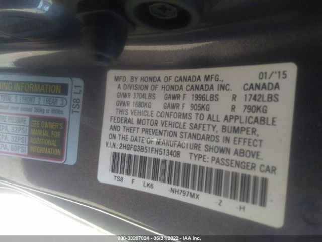 Photo 8 VIN: 2HGFG3B51FH513408 - HONDA CIVIC COUPE 