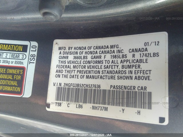 Photo 8 VIN: 2HGFG3B52CH527636 - HONDA CIVIC CPE 