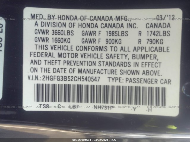 Photo 8 VIN: 2HGFG3B52CH540547 - HONDA CIVIC CPE 