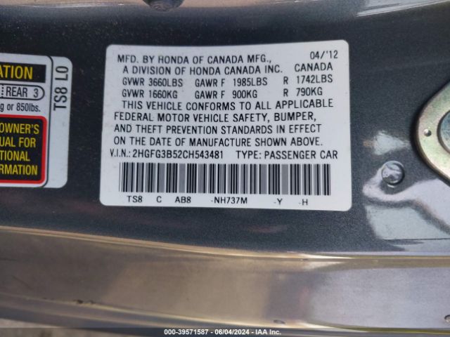 Photo 8 VIN: 2HGFG3B52CH543481 - HONDA CIVIC 