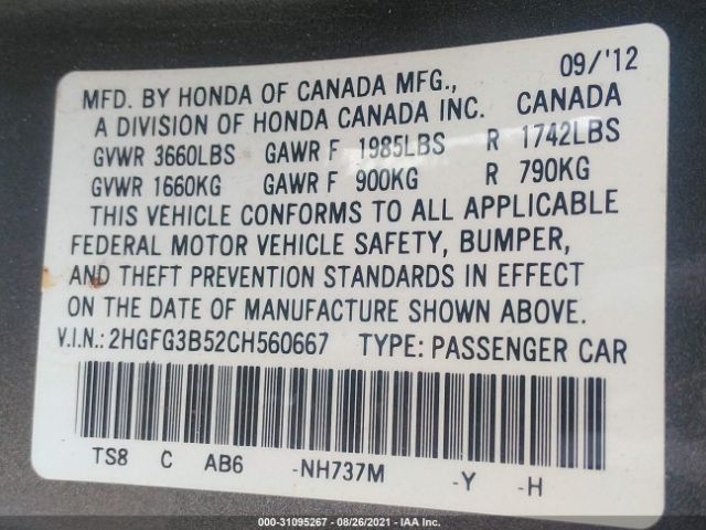 Photo 8 VIN: 2HGFG3B52CH560667 - HONDA CIVIC CPE 