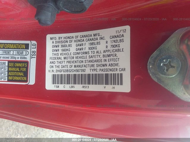 Photo 8 VIN: 2HGFG3B52CH567392 - HONDA CIVIC CPE 