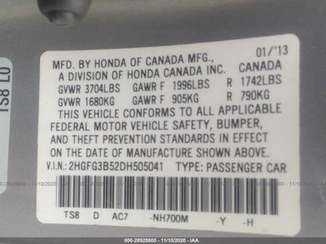 Photo 8 VIN: 2HGFG3B52DH505041 - HONDA CIVIC CPE 