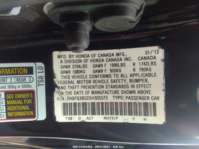 Photo 8 VIN: 2HGFG3B52DH505573 - HONDA CIVIC CPE 