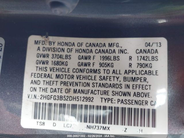 Photo 8 VIN: 2HGFG3B52DH512992 - HONDA CIVIC 