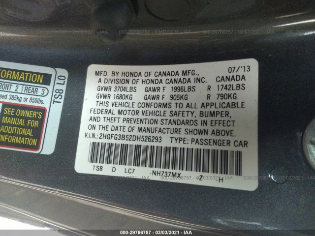 Photo 8 VIN: 2HGFG3B52DH526293 - HONDA CIVIC CPE 