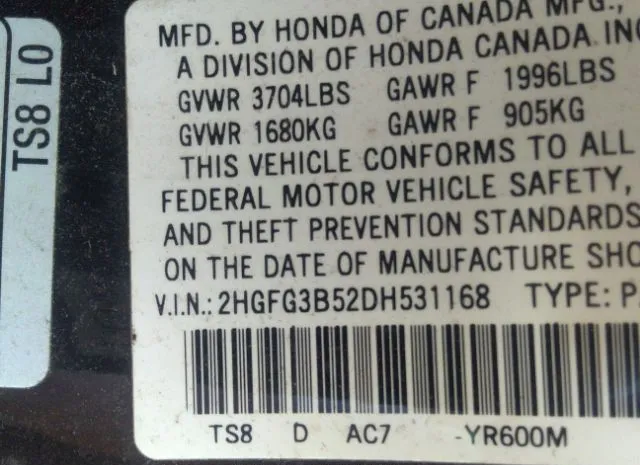 Photo 8 VIN: 2HGFG3B52DH531168 - HONDA CIVIC CPE 