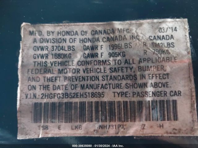 Photo 8 VIN: 2HGFG3B52EH518695 - HONDA CIVIC 