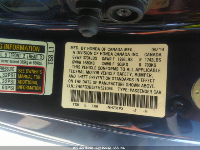 Photo 8 VIN: 2HGFG3B52EH521094 - HONDA CIVIC COUPE 