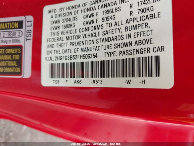 Photo 8 VIN: 2HGFG3B52FH506354 - HONDA CIVIC 