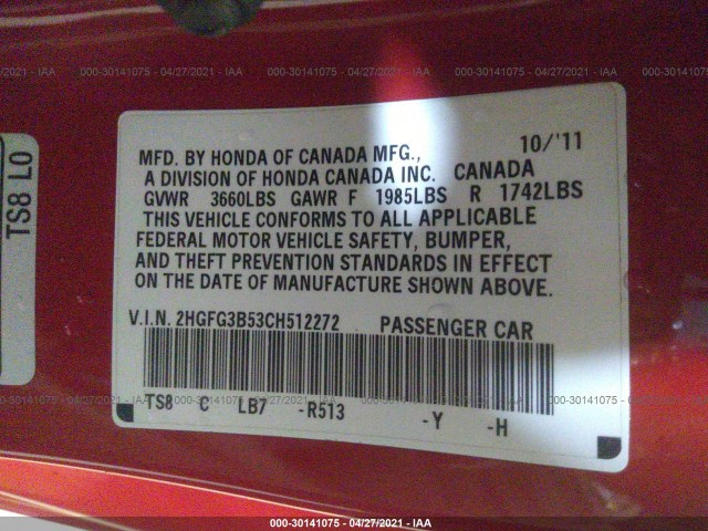 Photo 8 VIN: 2HGFG3B53CH512272 - HONDA CIVIC CPE 