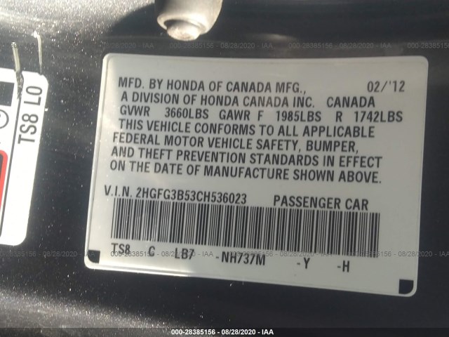 Photo 8 VIN: 2HGFG3B53CH536023 - HONDA CIVIC CPE 