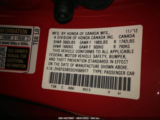 Photo 8 VIN: 2HGFG3B53CH566977 - HONDA CIVIC CPE 