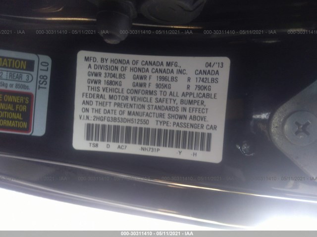 Photo 8 VIN: 2HGFG3B53DH512550 - HONDA CIVIC CPE 