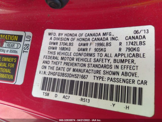 Photo 8 VIN: 2HGFG3B53DH521667 - HONDA CIVIC CPE 