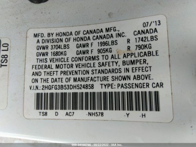 Photo 8 VIN: 2HGFG3B53DH524858 - HONDA CIVIC CPE 