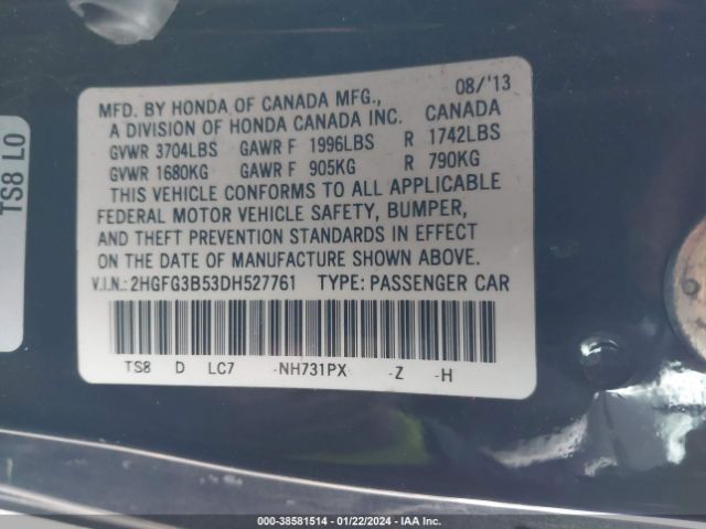 Photo 8 VIN: 2HGFG3B53DH527761 - HONDA CIVIC LX 