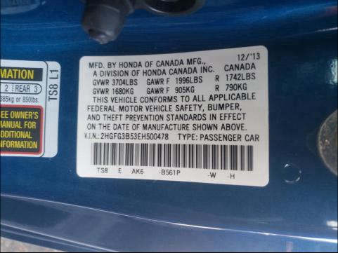 Photo 9 VIN: 2HGFG3B53EH500478 - HONDA CIVIC LX 