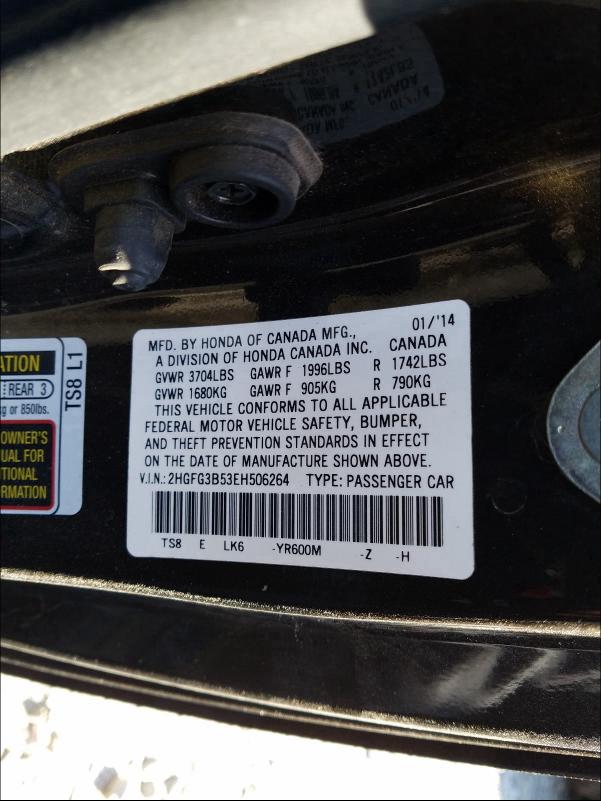 Photo 9 VIN: 2HGFG3B53EH506264 - HONDA CIVIC LX 