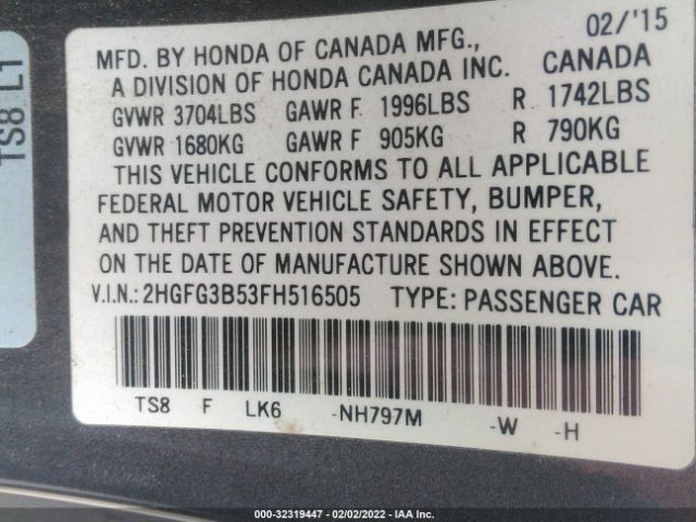 Photo 8 VIN: 2HGFG3B53FH516505 - HONDA CIVIC COUPE 