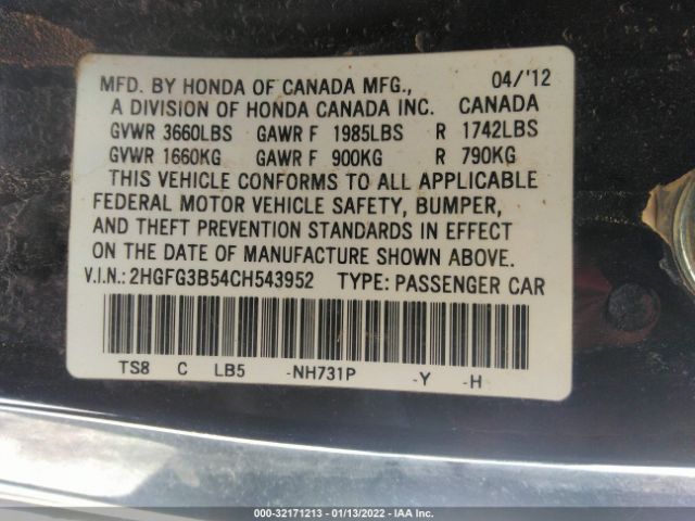 Photo 8 VIN: 2HGFG3B54CH543952 - HONDA CIVIC CPE 