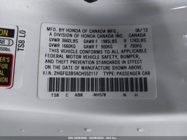 Photo 8 VIN: 2HGFG3B54CH552117 - HONDA CIVIC 