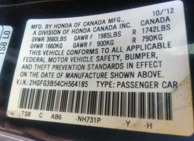 Photo 8 VIN: 2HGFG3B54CH564185 - HONDA CIVIC CPE 