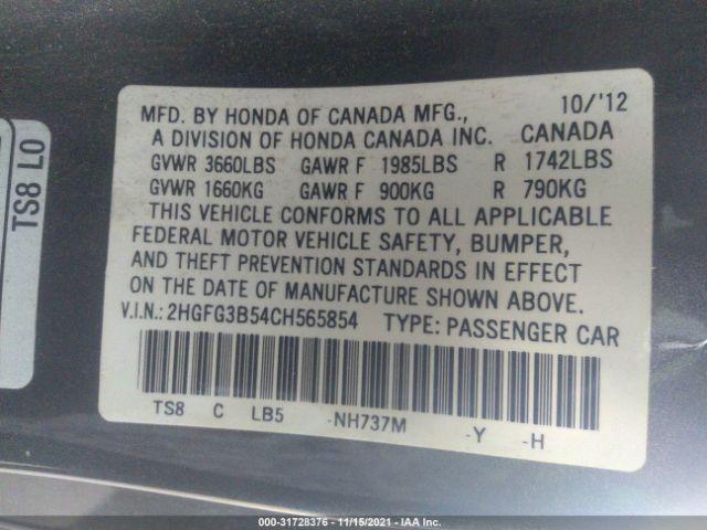 Photo 8 VIN: 2HGFG3B54CH565854 - HONDA CIVIC CPE 