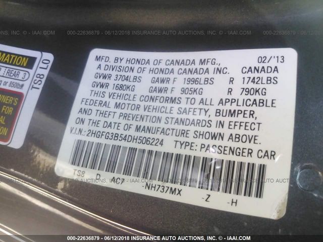 Photo 8 VIN: 2HGFG3B54DH506224 - HONDA CIVIC CPE 