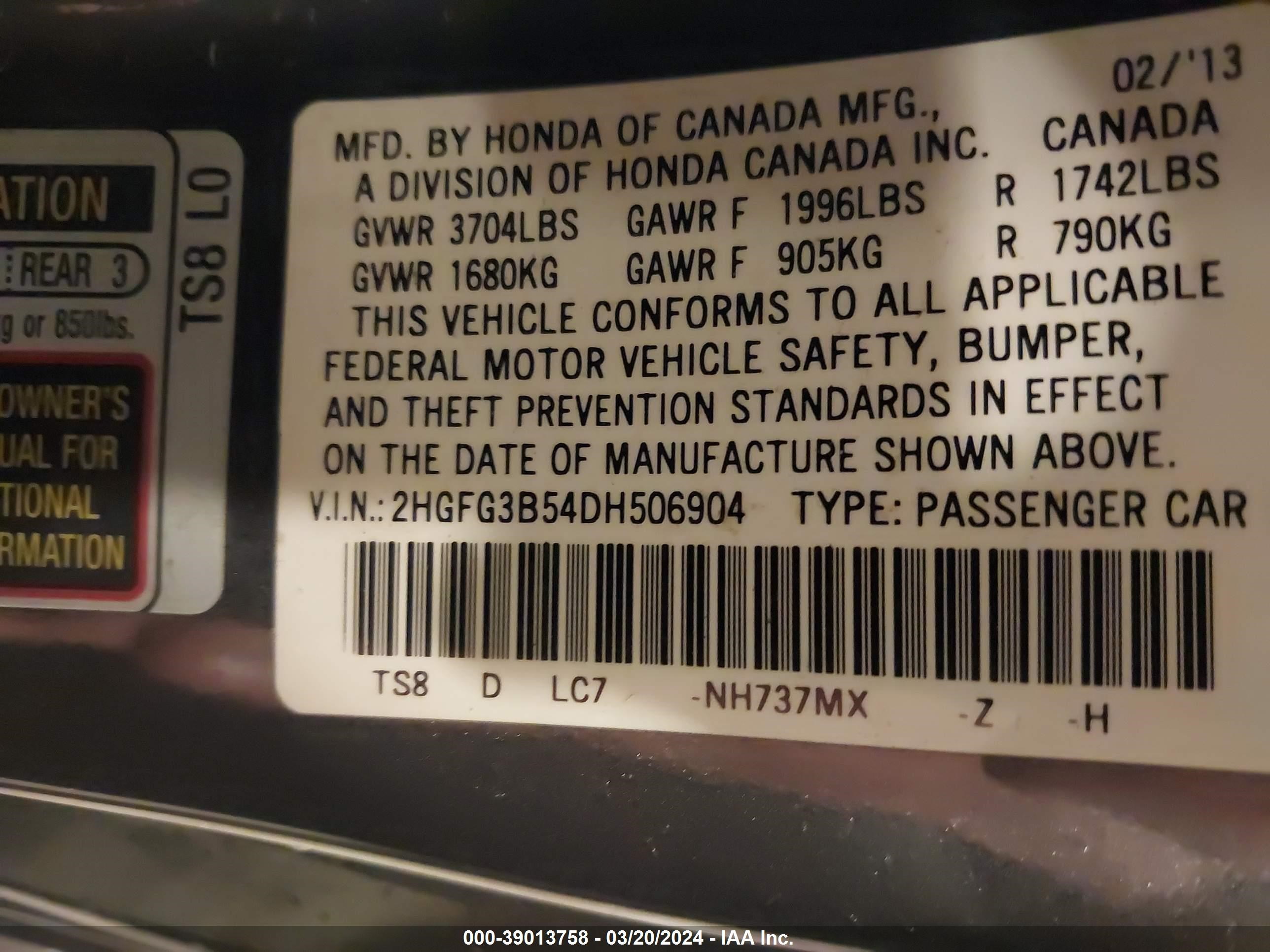 Photo 8 VIN: 2HGFG3B54DH506904 - HONDA CIVIC 