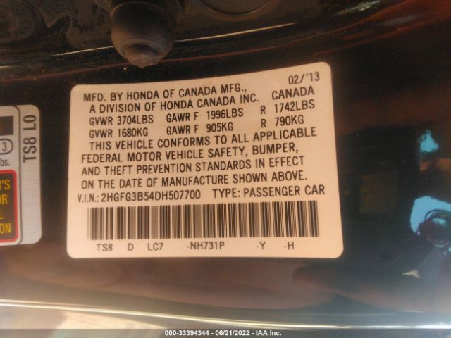 Photo 8 VIN: 2HGFG3B54DH507700 - HONDA CIVIC CPE 