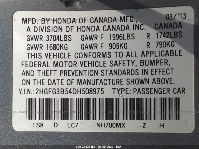 Photo 8 VIN: 2HGFG3B54DH508975 - HONDA CIVIC CPE 