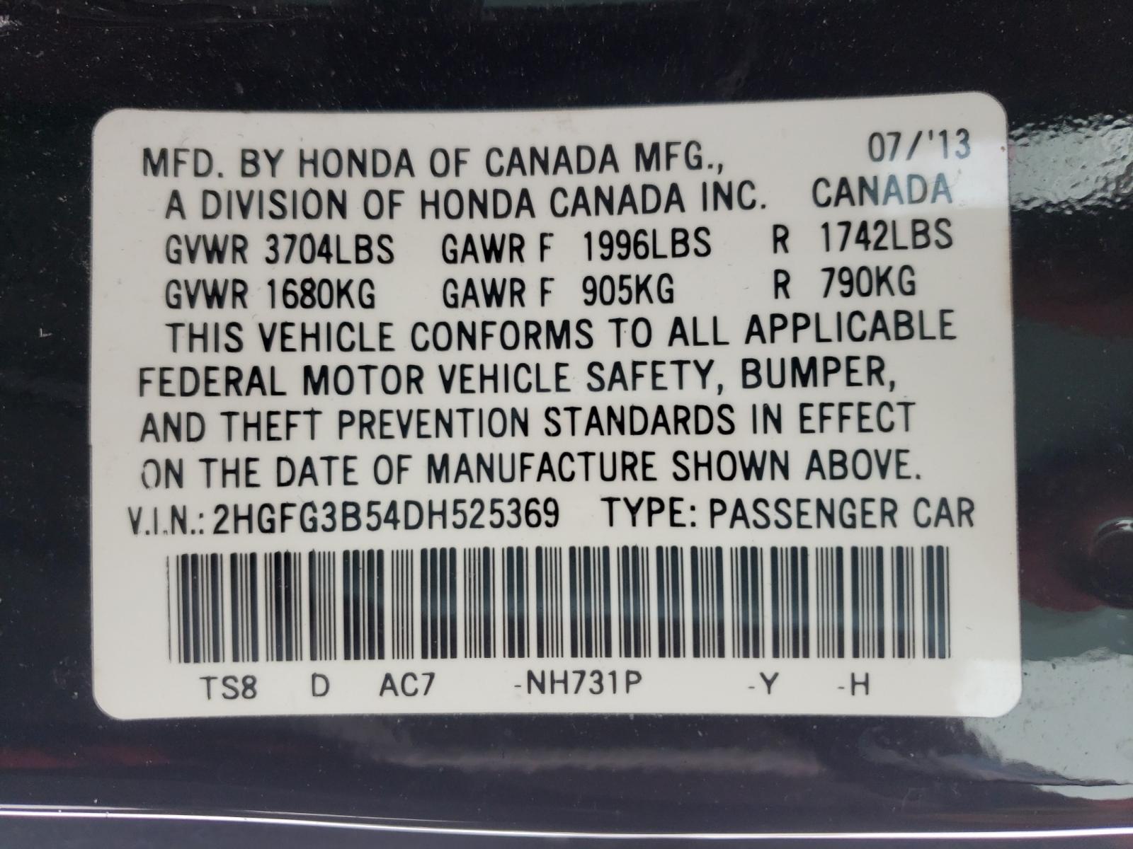 Photo 9 VIN: 2HGFG3B54DH525369 - HONDA CIVIC LX 