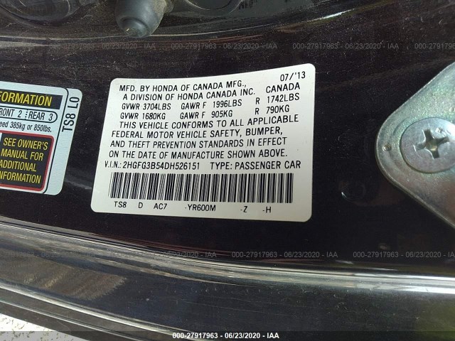 Photo 8 VIN: 2HGFG3B54DH526151 - HONDA CIVIC CPE 