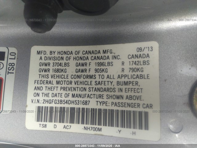 Photo 8 VIN: 2HGFG3B54DH531687 - HONDA CIVIC CPE 