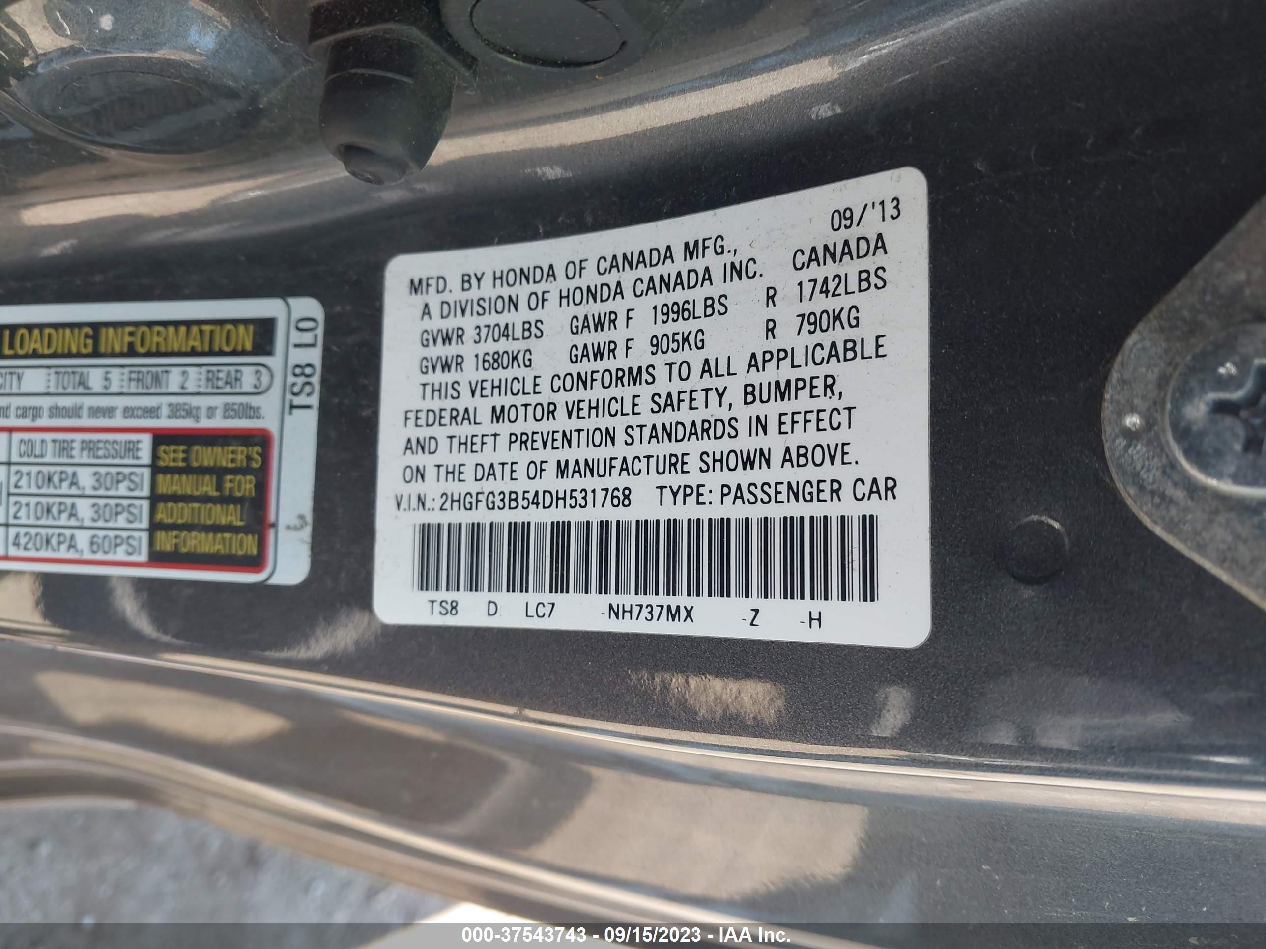 Photo 8 VIN: 2HGFG3B54DH531768 - HONDA CIVIC 